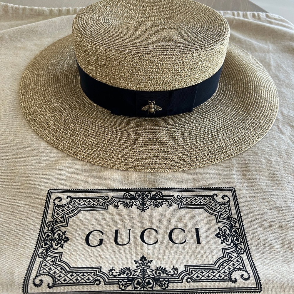 GUCCI Straw Hat Beige with Black Ribbon & Bee - Picture 3 of 9